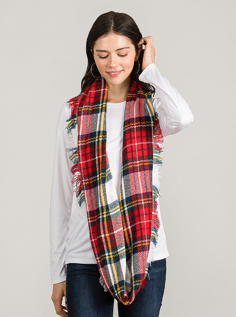 Tartan Plaid Double Loop Infinity Scarf With Fringe