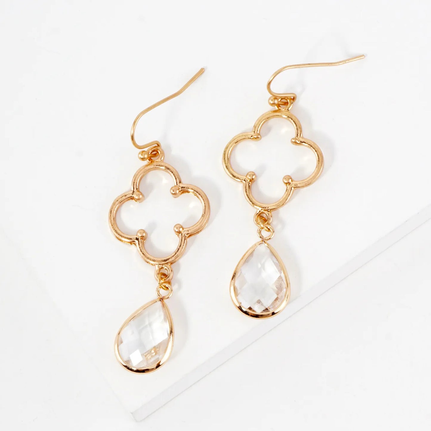 Teardrop Glass Stone Drop Quatrefoil Dangle Earrings