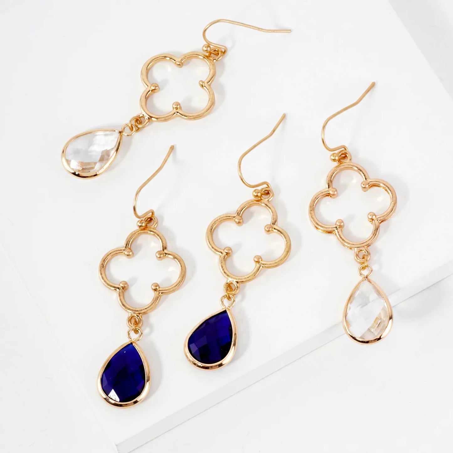 Teardrop Glass Stone Drop Quatrefoil Dangle Earrings