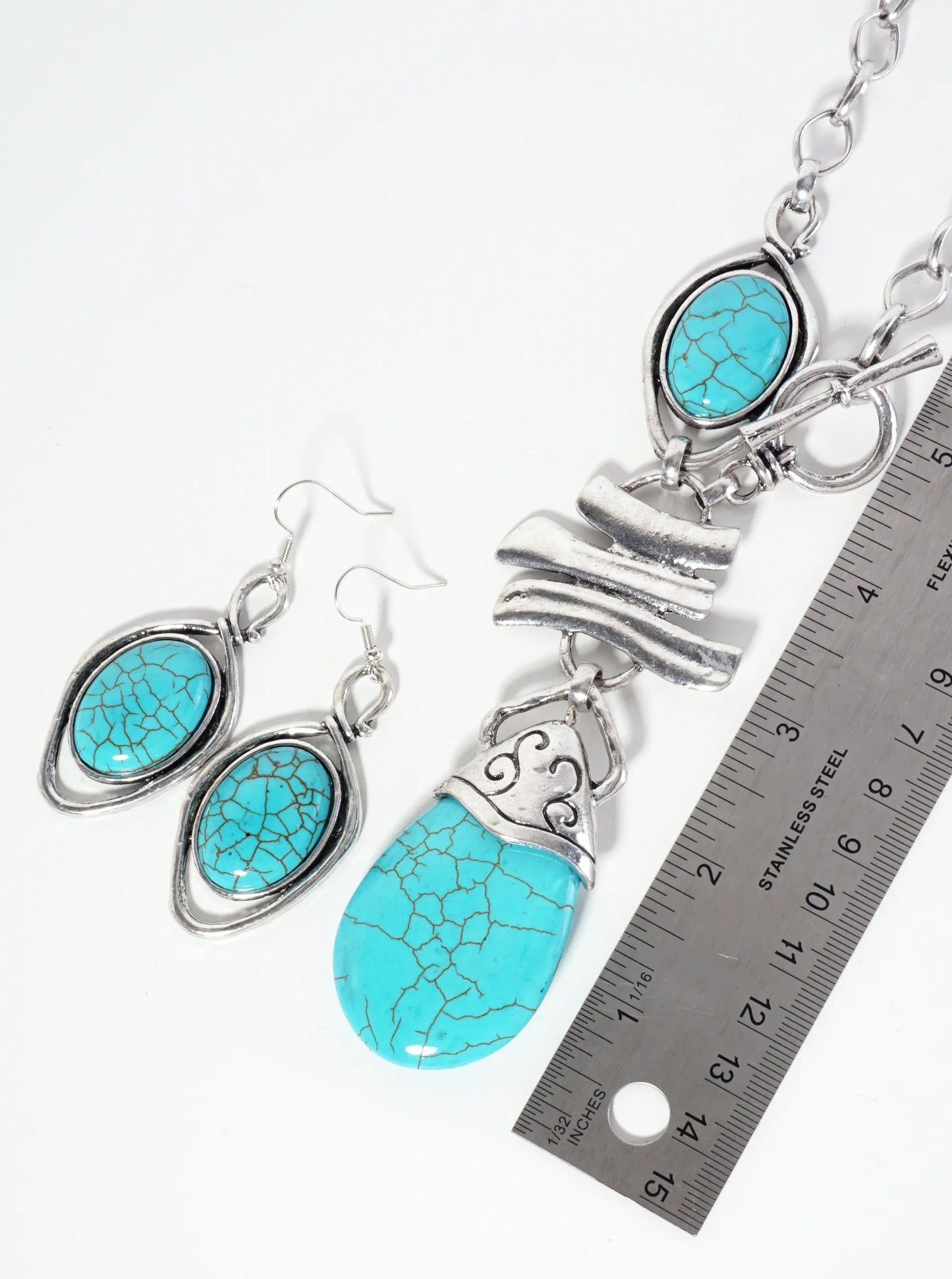 Teardrop-Shape Semi-Precious Pendant Bohemian Western Toggle-Closure Necklace Set-with-Earrings