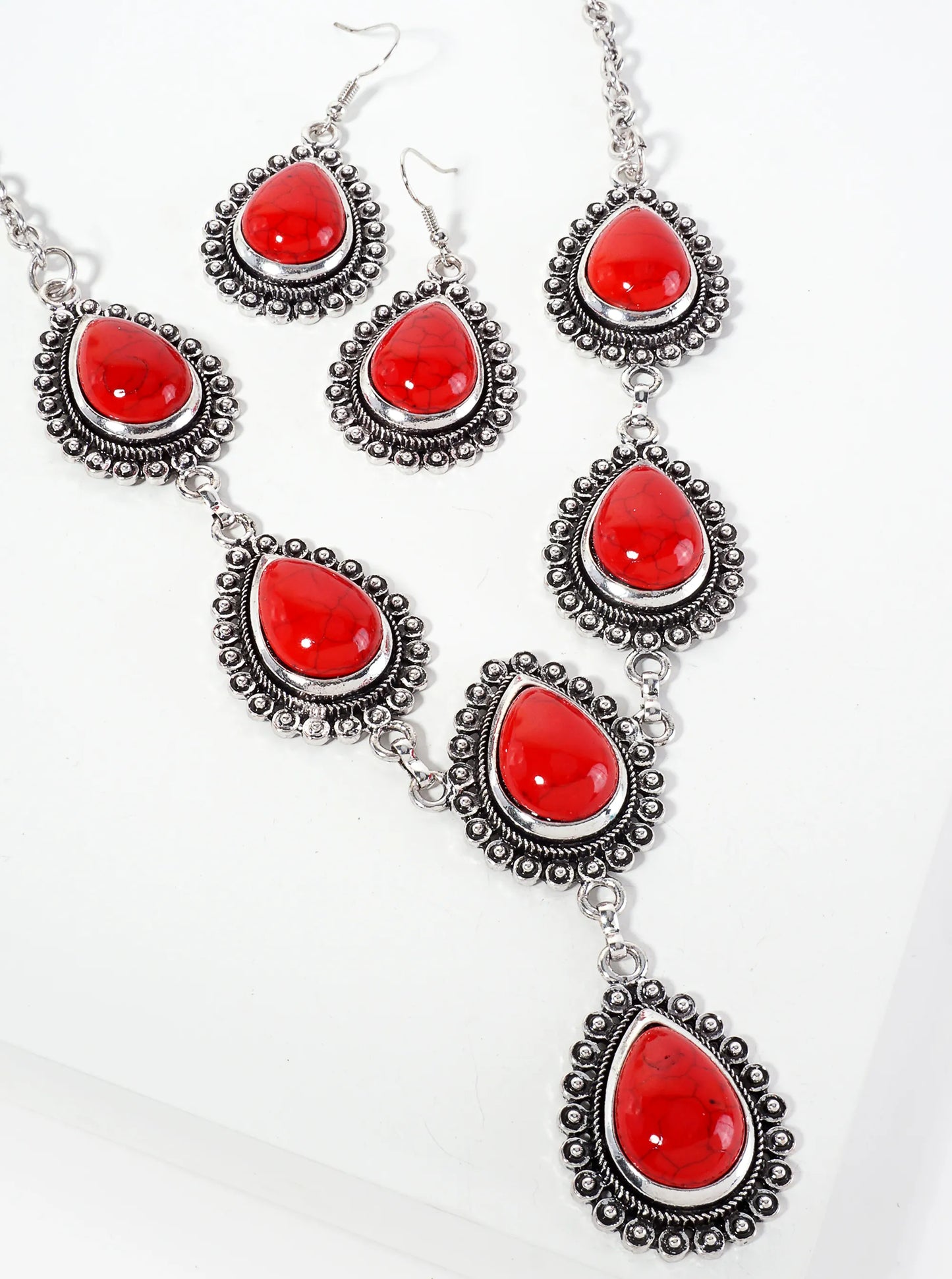 Teardrop-Shaped Semi-Precious Stone Bohemian Western Statement Necklace Set-with-Earrings