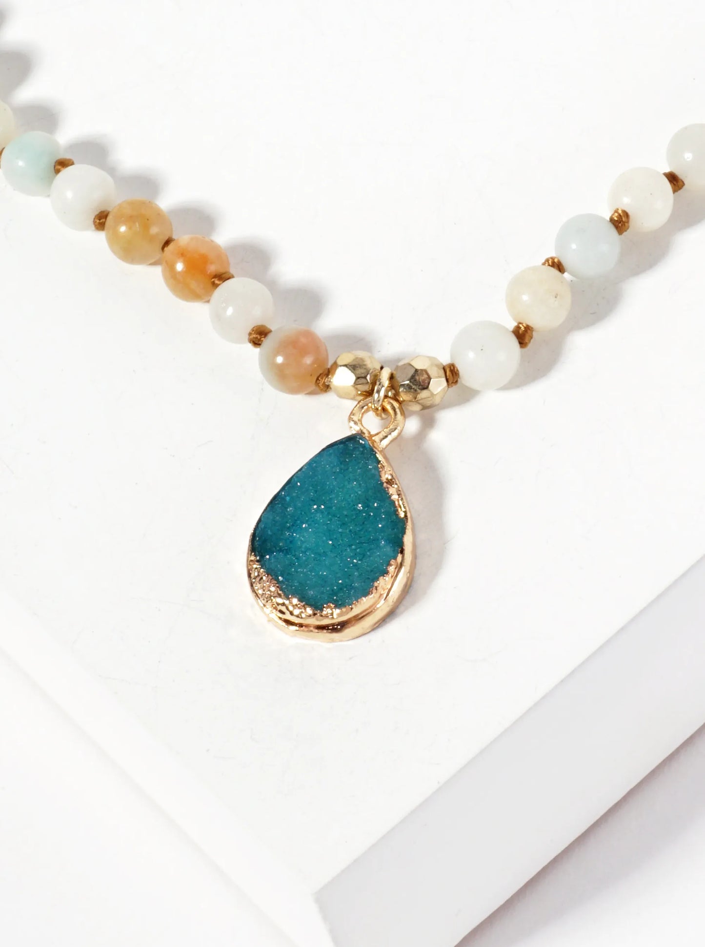 Teardrop-Shaped Simulated Druzy Pendant 4mm Semi-Precious-Natural-Stone Chain Necklace