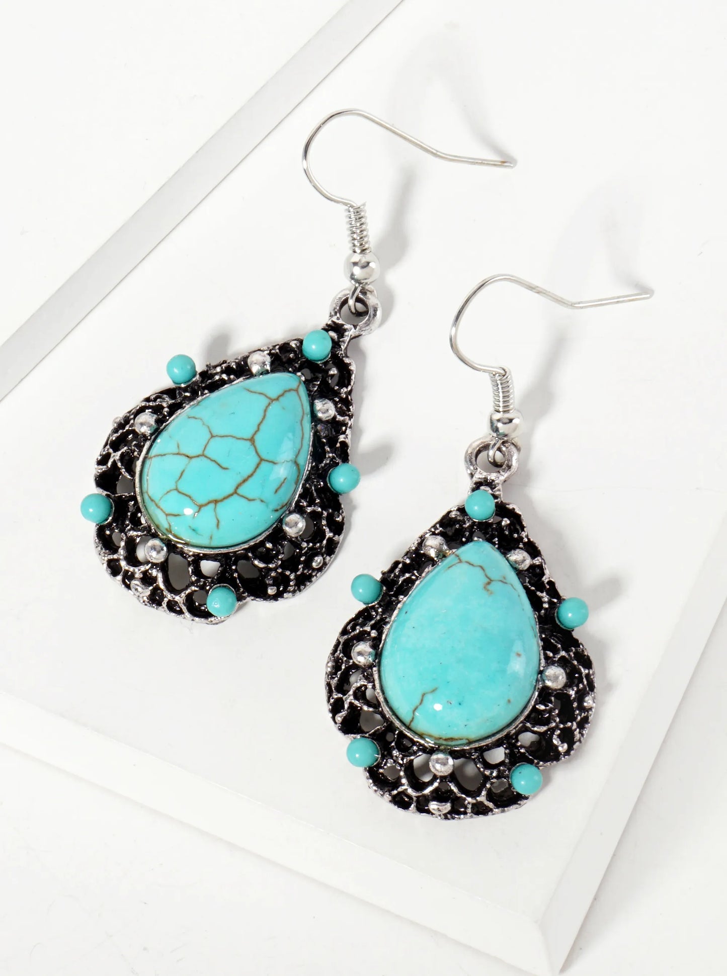 Teardrop-Shaped Turquoise Semi-Precious Natural-Stone Artistic Dangle Earrings
