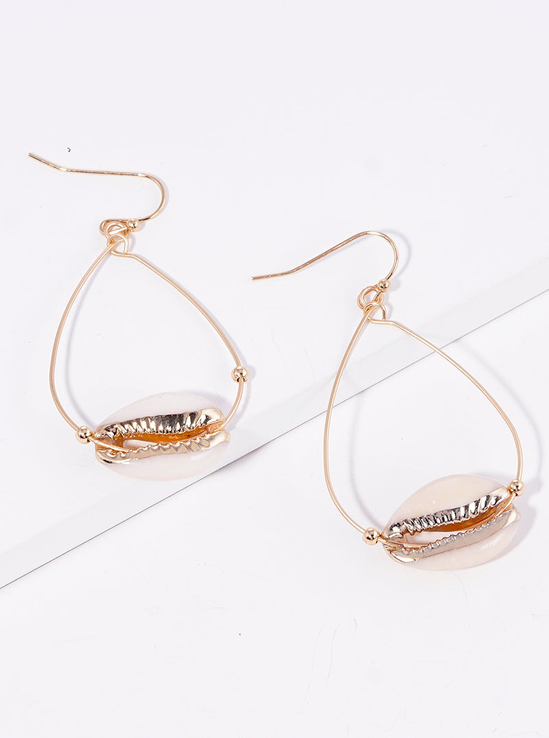 Teardrop Wire With Cowrie Shell Dangle Drop Earrings