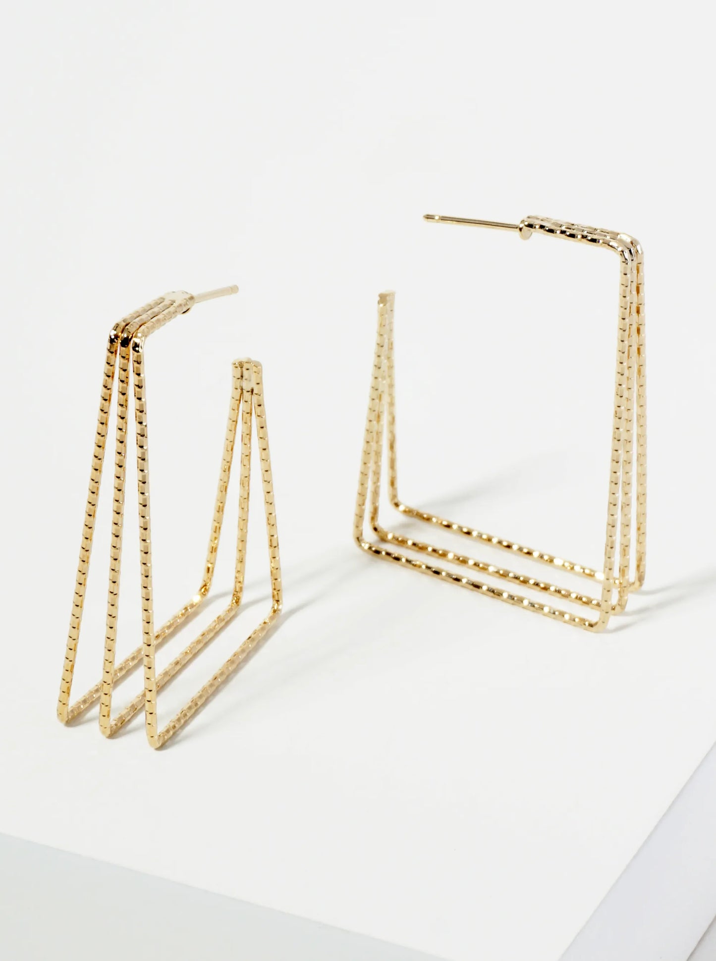 Textured 14K-Gold-Dipped Triple-Layer Rectangular Hoop Earrings