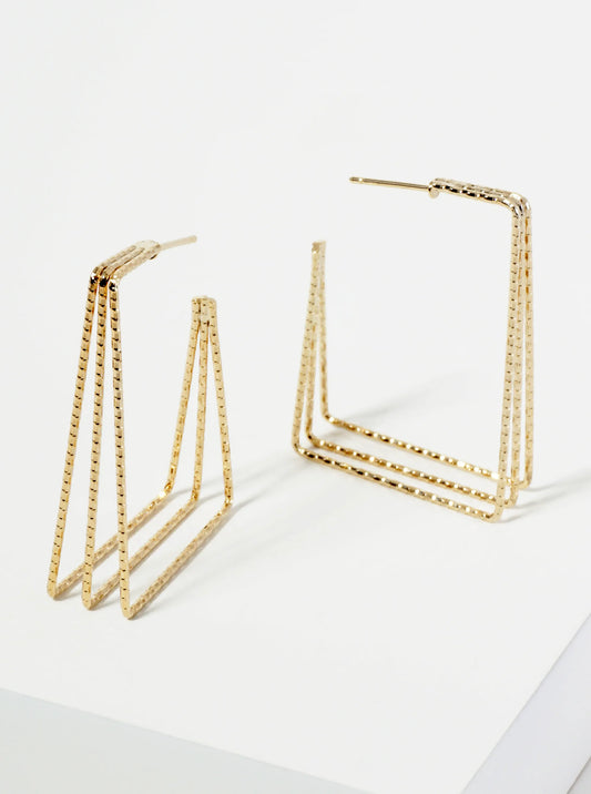 Textured 14K-Gold-Dipped Triple-Layer Rectangular Hoop Earrings