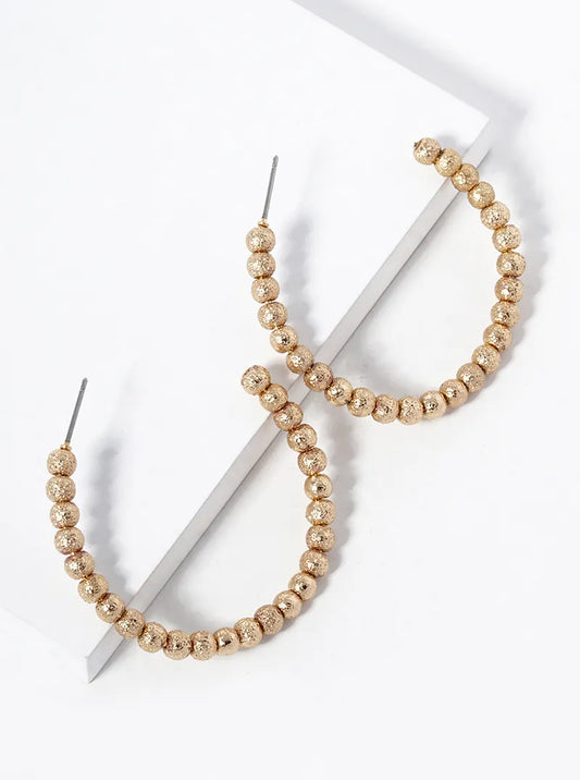 Textured 4mm Metallic Beaded Open Hoop Earrings