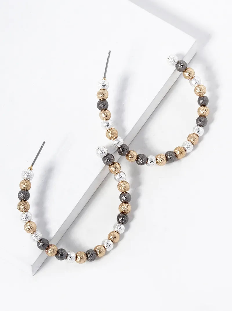 Textured 4mm Metallic Beaded Open Hoop Earrings
