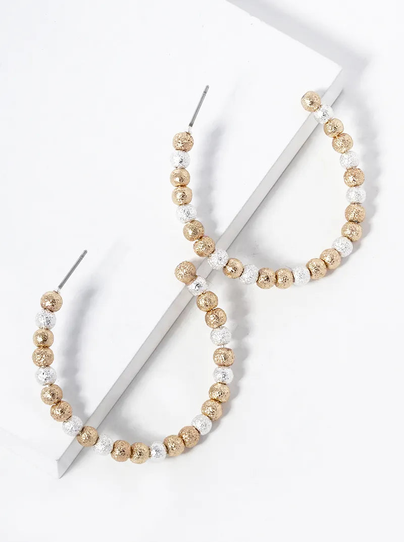 Textured 4mm Metallic Beaded Open Hoop Earrings