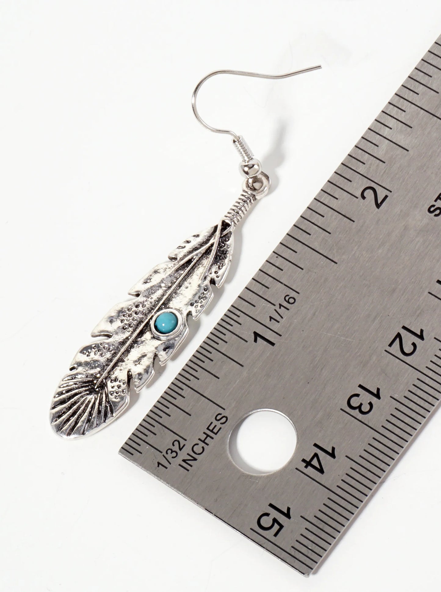 Textured Feather Design Western Dangle Earrings With Turquoise Stones