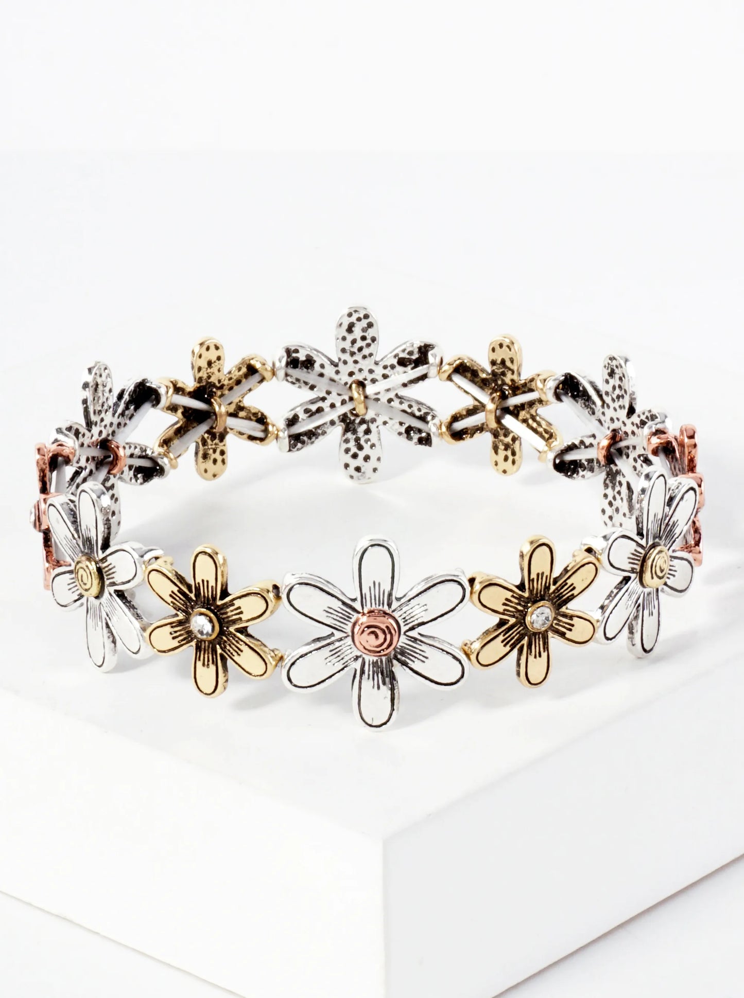Textured Floral Flower Metal Stretch Bracelet