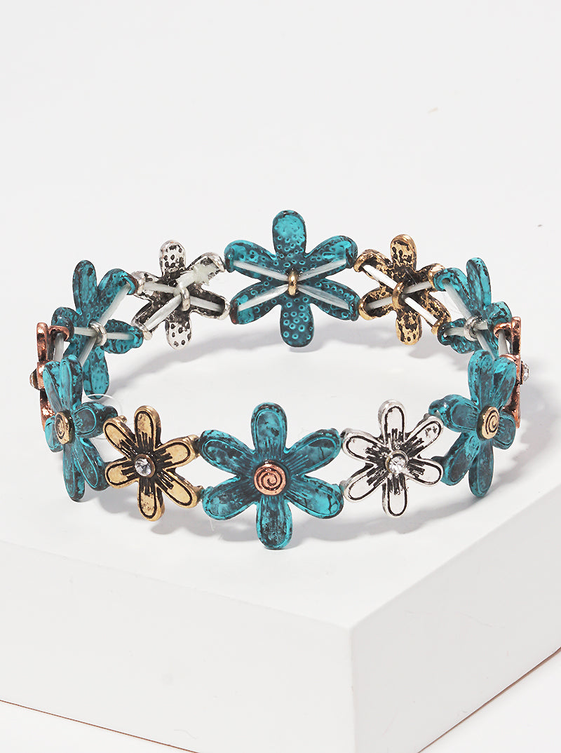 Textured Floral Flower Metal Stretch Bracelet