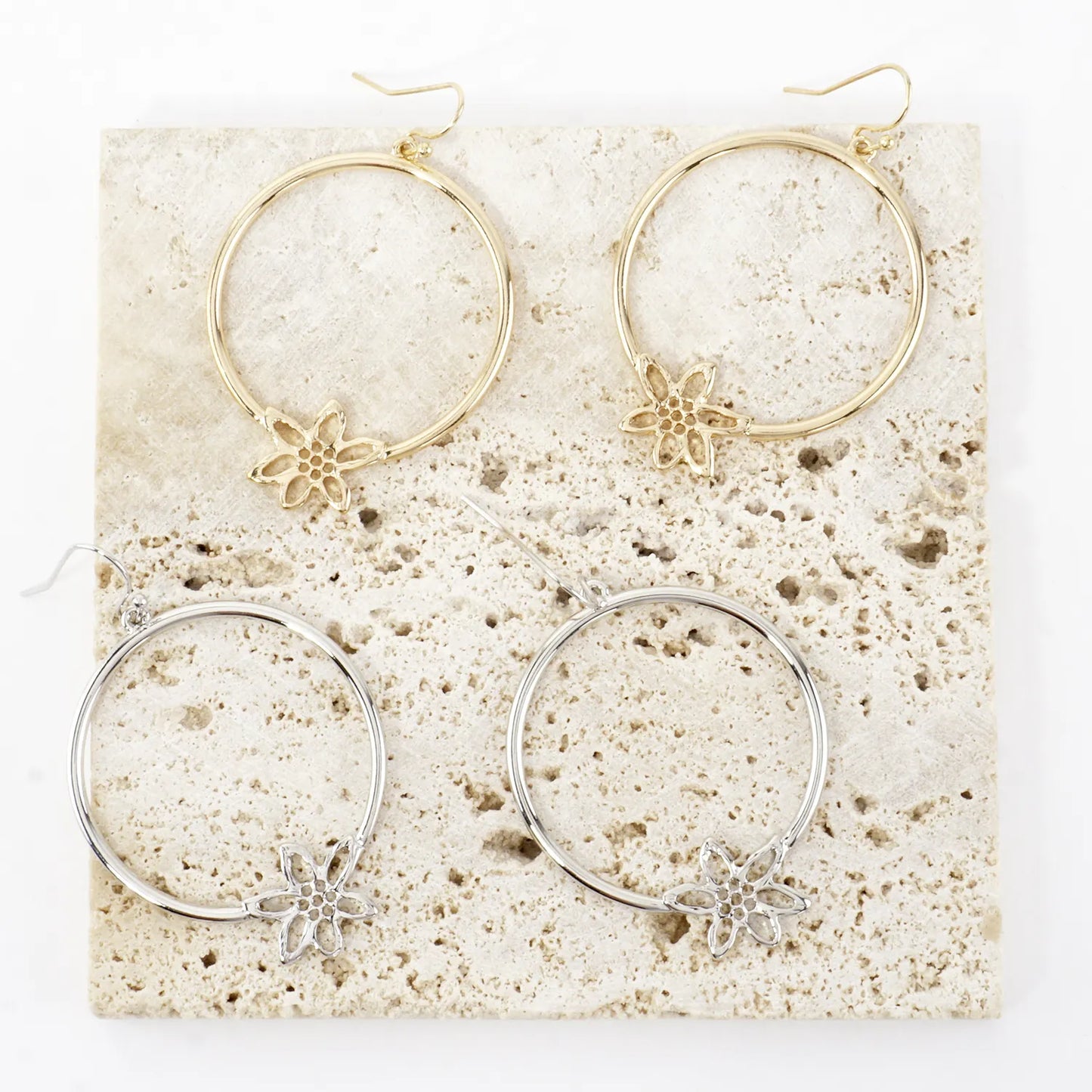 Textured Flower Accent Circle Drop Earrings