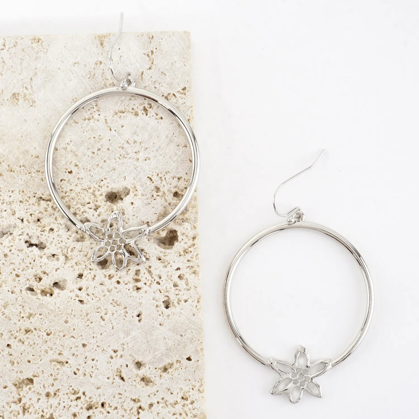 Textured Flower Accent Circle Drop Earrings