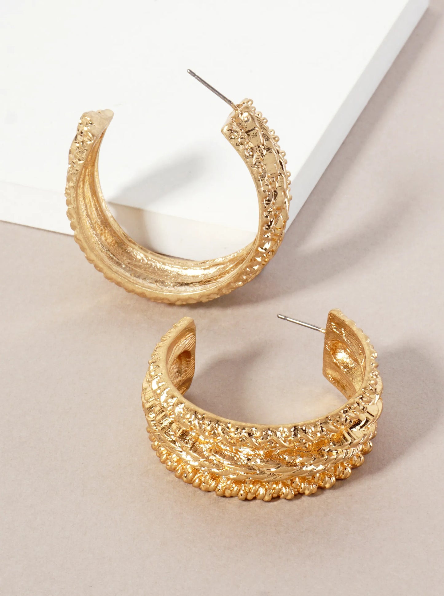 Textured Metal 15mm Wide 40mm Open Hoop Earrings With-Titanium-Post