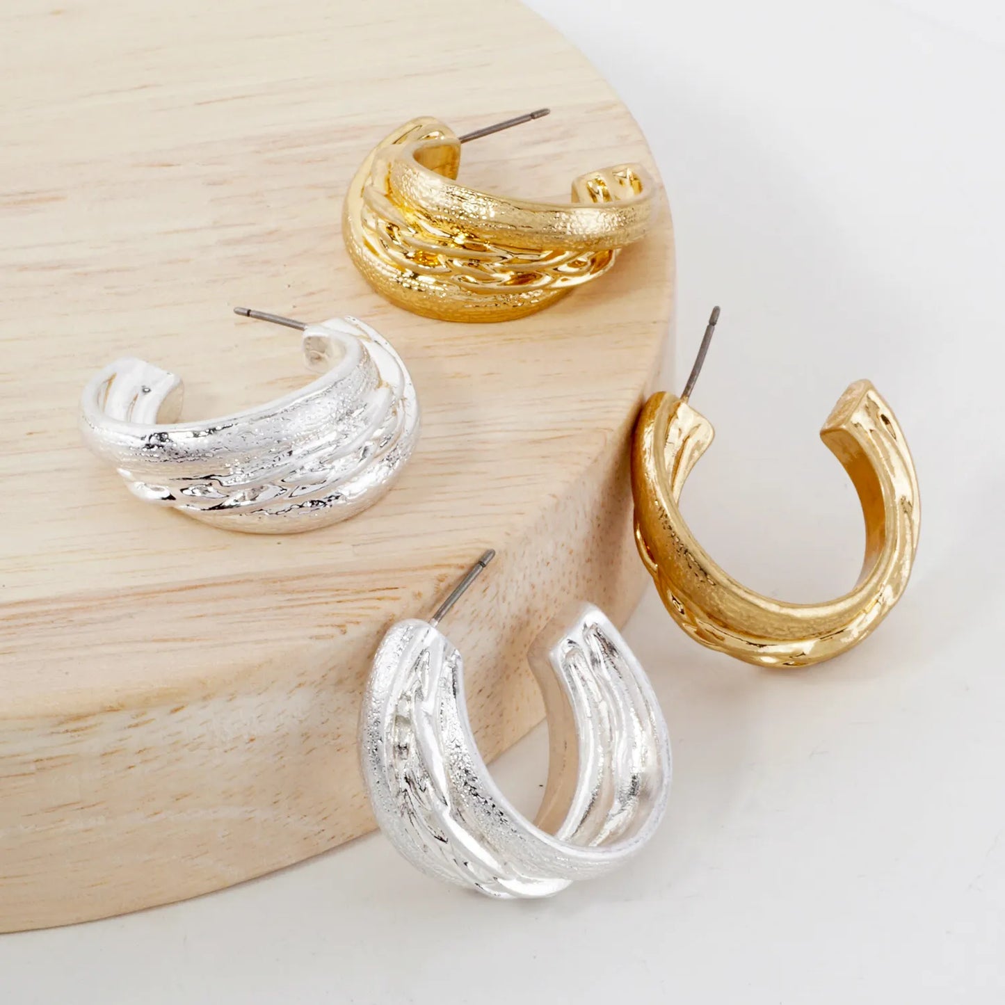 Textured Metal 30mm Push-Back Hoop Earrings With-Titanium-Post