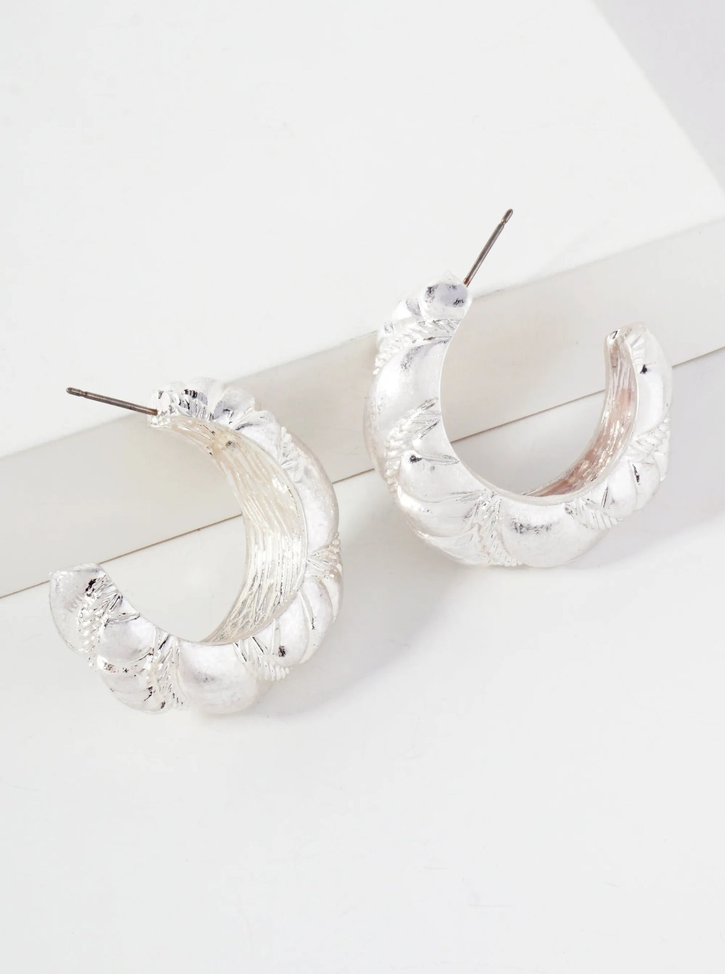 Textured Metal 35mm Tapered Chunky Open Hoop Earrings With-Titanium-Post
