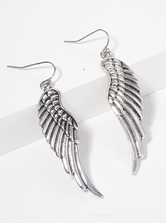 Textured Metal Angel Wing Fish Hook Dangle Drop Earrings