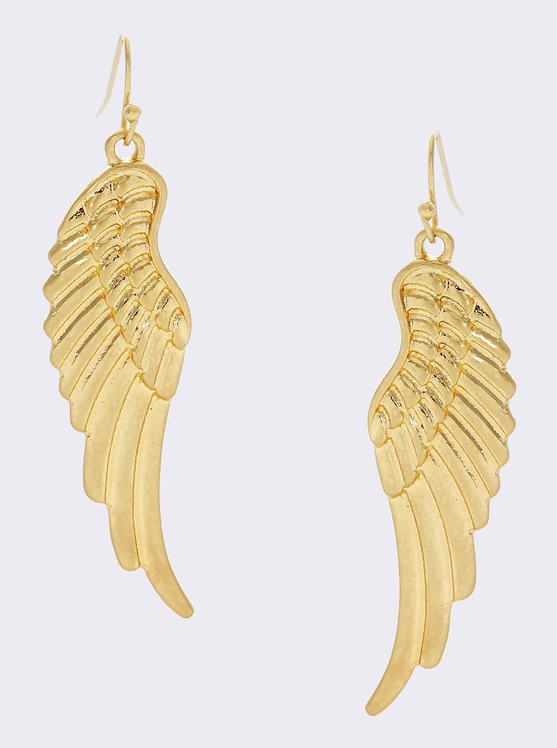 Textured Metal Angel Wing Fish Hook Dangle Drop Earrings