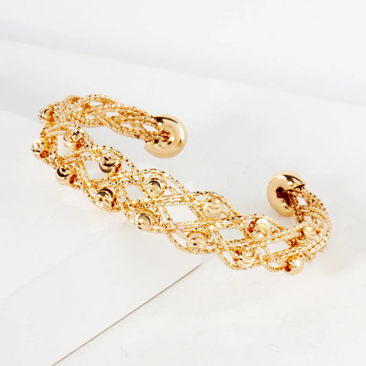 Textured Metal Crescent-Patterned Beads Interwoven Open Cuff Bracelet