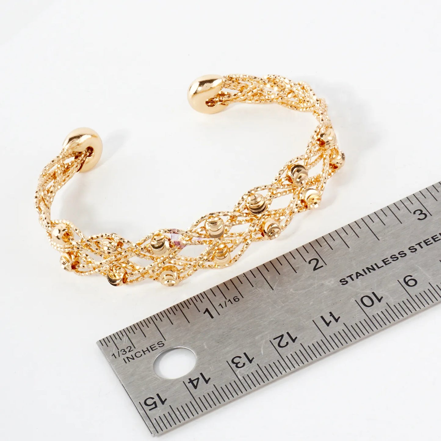 Textured Metal Crescent-Patterned Beads Interwoven Open Cuff Bracelet