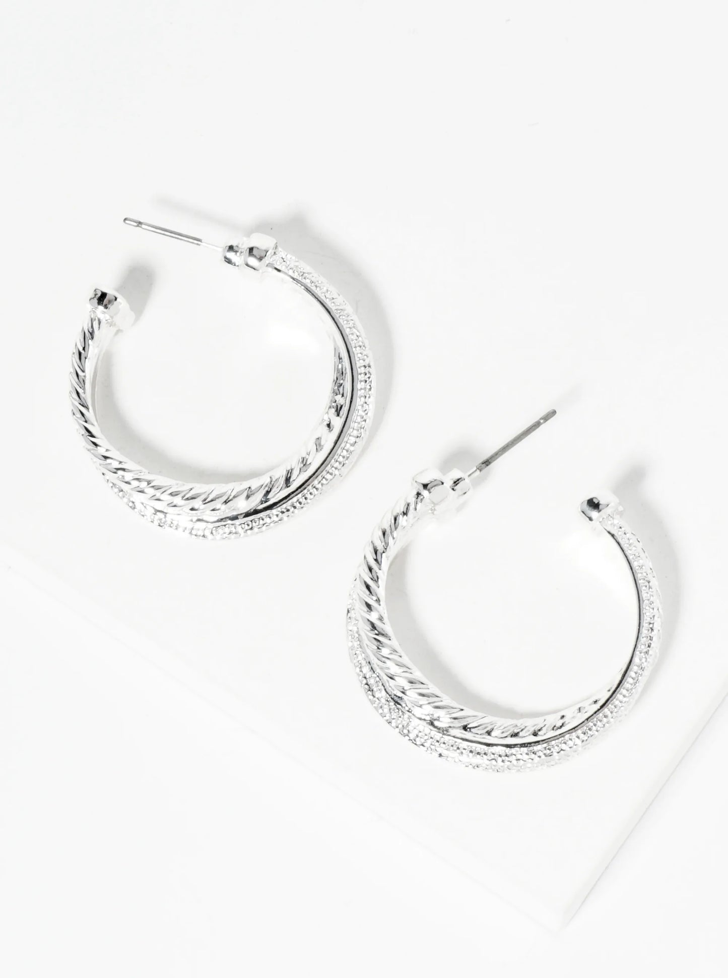 Textured Metal Crossover 30mm Open Hoop Earrings