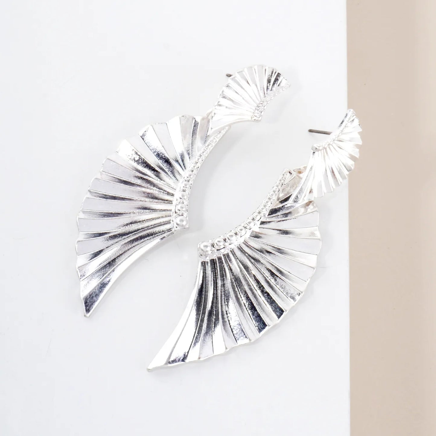 Textured Metal Double Angel-Wing Statement Earrings With-Titanium-Post