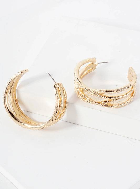 Textured Metal Double X Design 45mm Chunky Hoop Earrings With-Titanium-Post