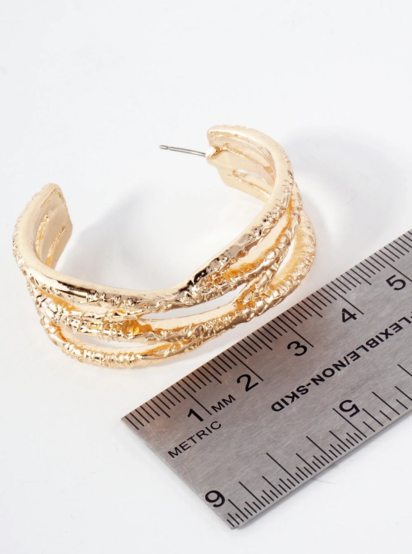 Textured Metal Double X Design 45mm Chunky Hoop Earrings With-Titanium-Post