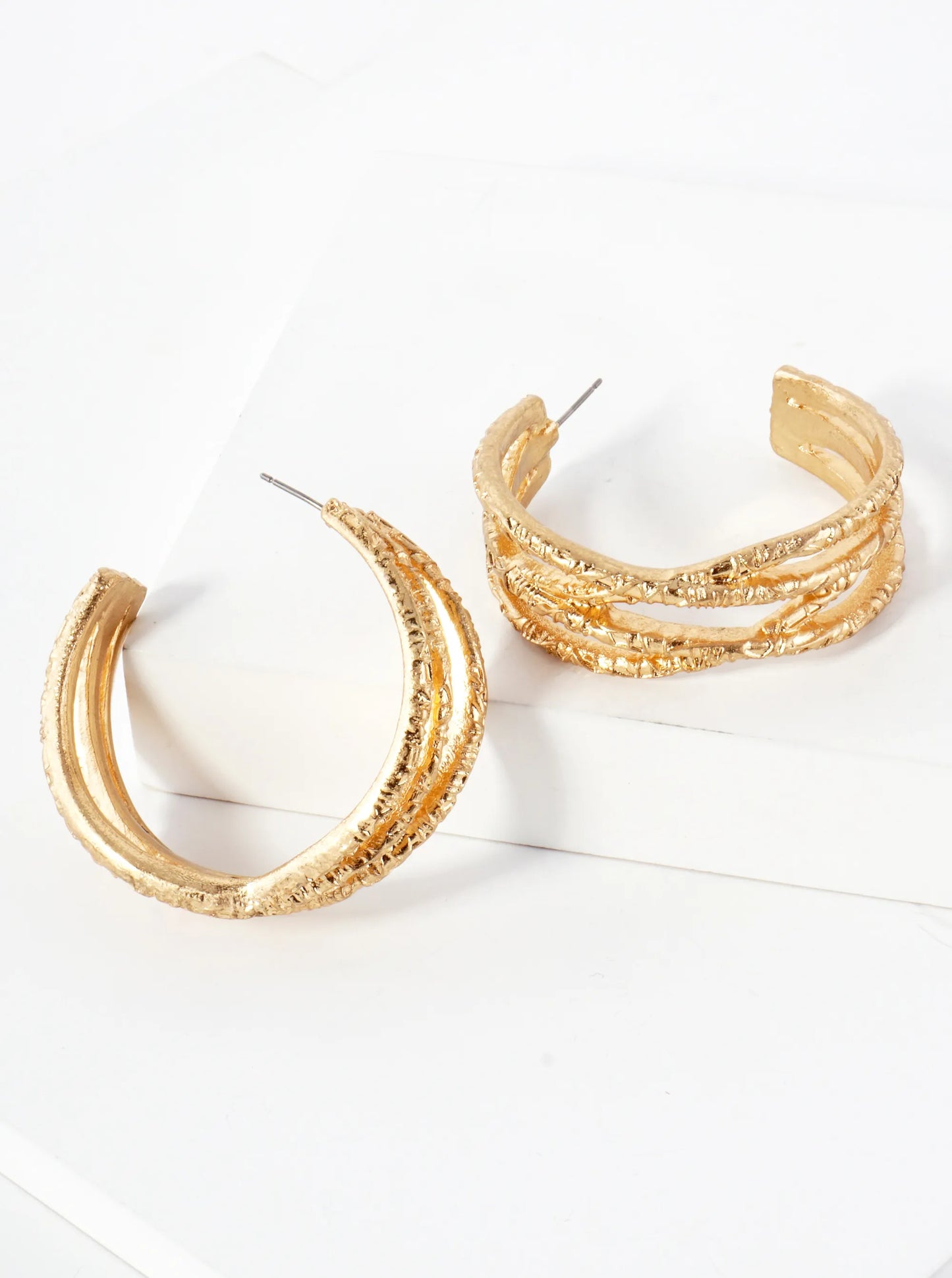 Textured Metal Double X Design 45mm Chunky Hoop Earrings With-Titanium-Post