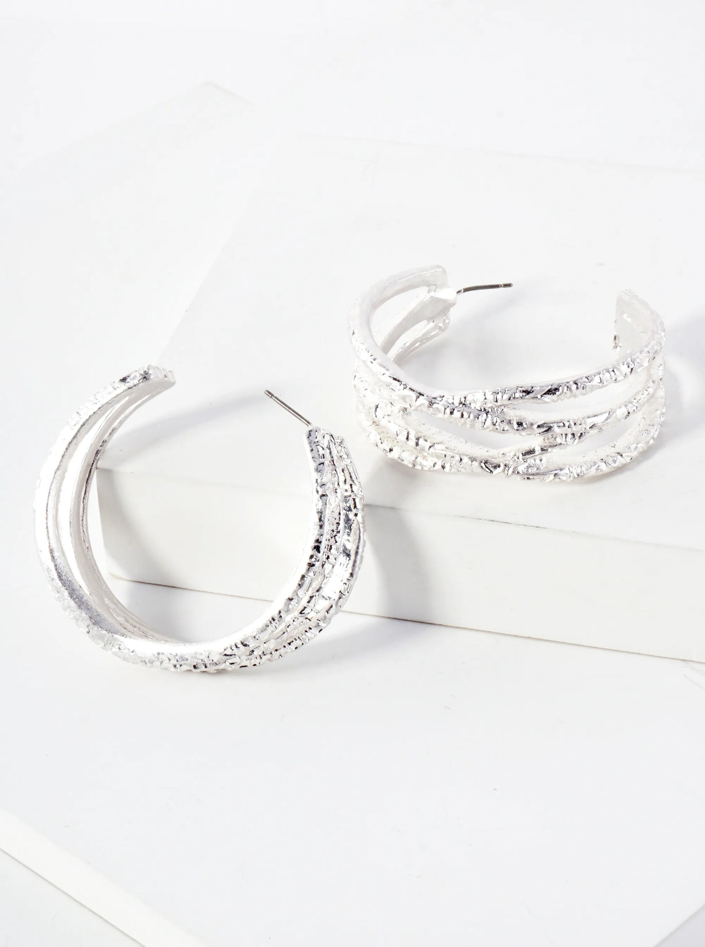 Textured Metal Double X Design 45mm Chunky Hoop Earrings With-Titanium-Post