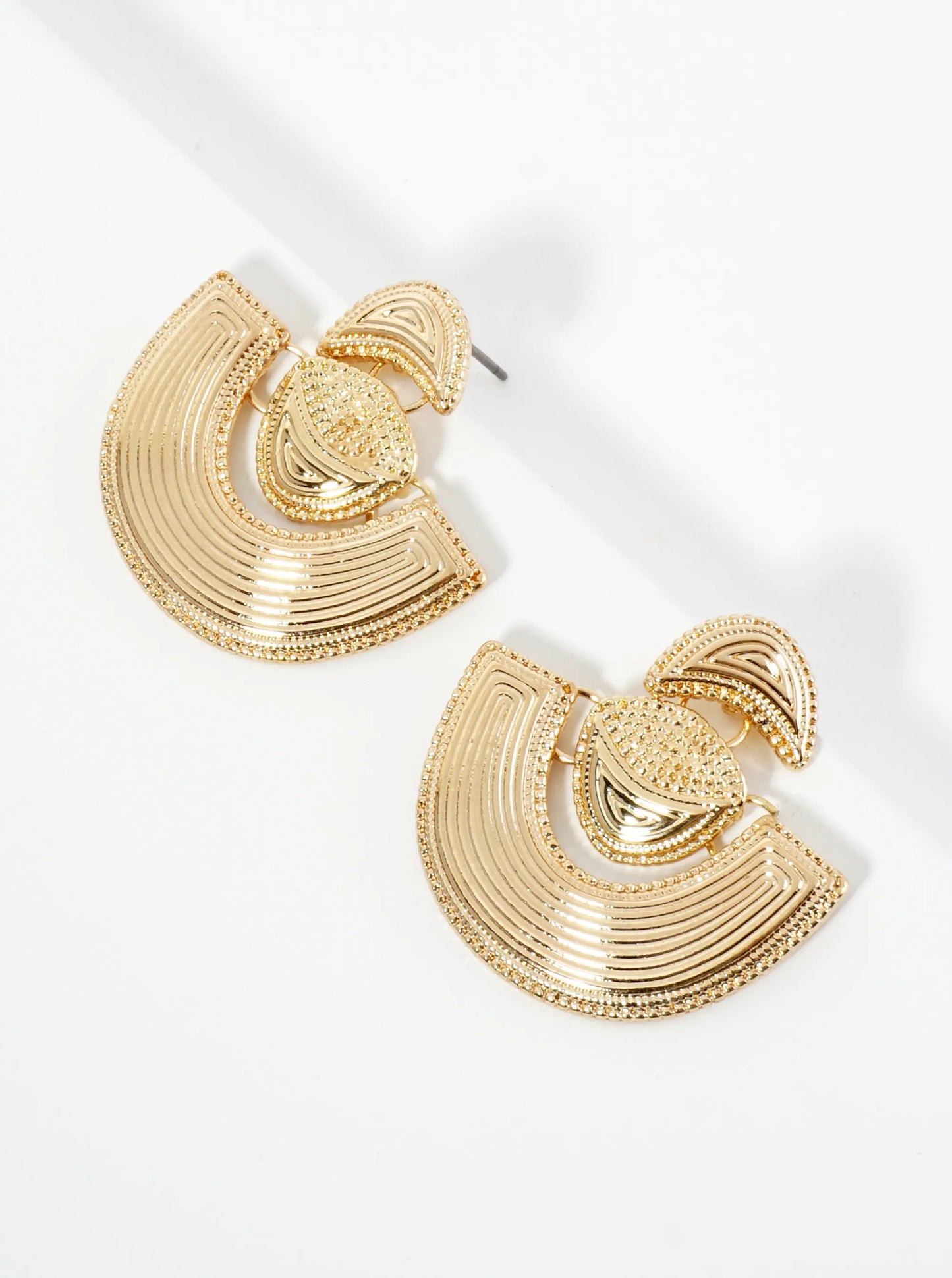Textured Metal Fan Shape Dangle Post Earrings