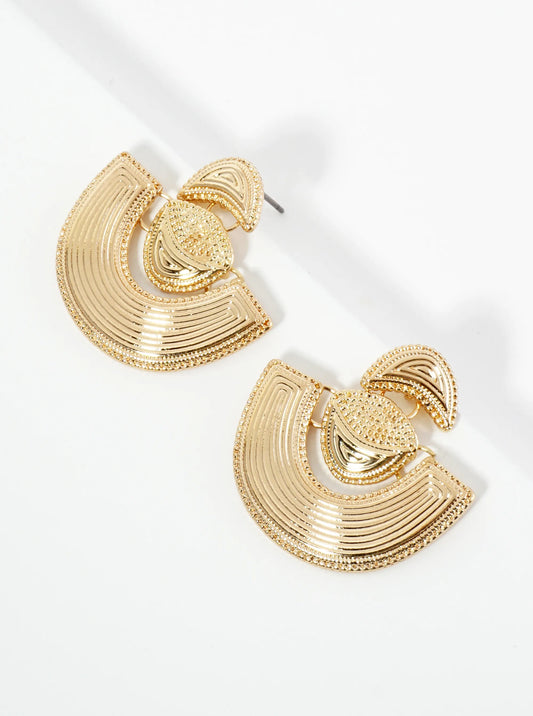 Textured Metal Fan Shape Dangle Post Earrings
