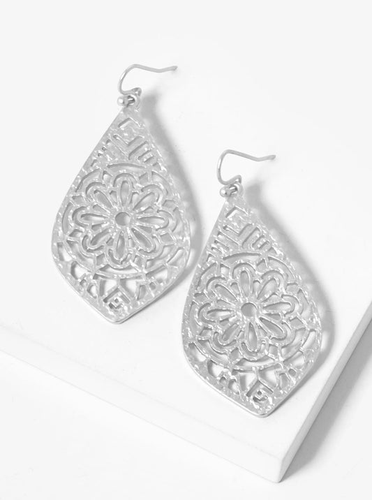 Textured Metal Filigree Dangle Drop Earrings