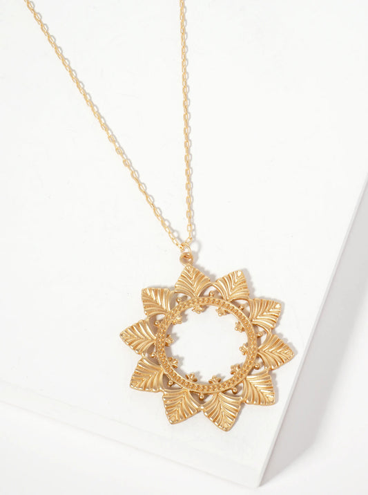 Textured Metal Flower-Shaped Pendant 30-inch Long Necklace