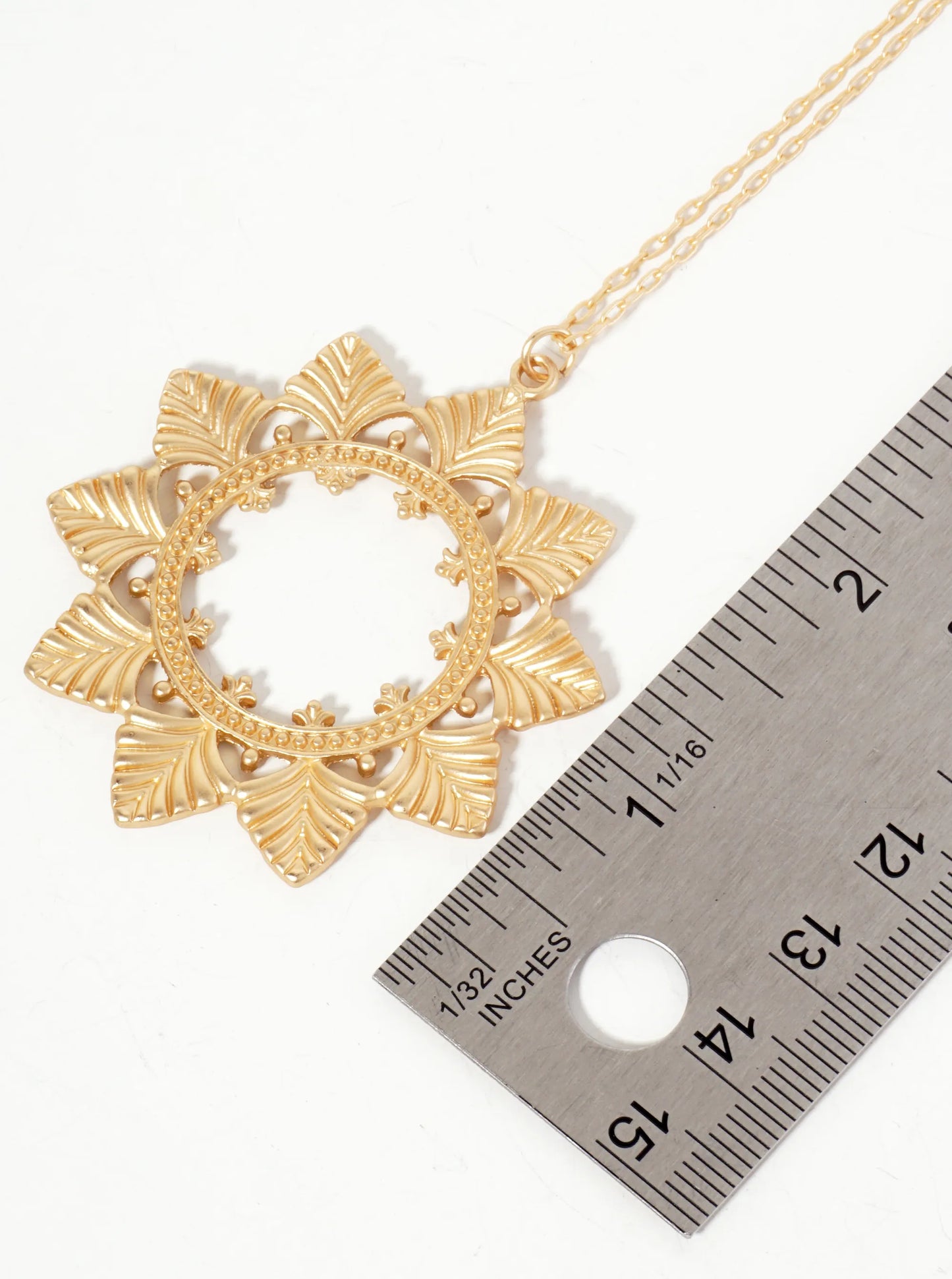 Textured Metal Flower-Shaped Pendant 30-inch Long Necklace
