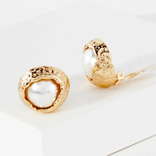 Textured Metal Framed Pearl Clip-On Earrings