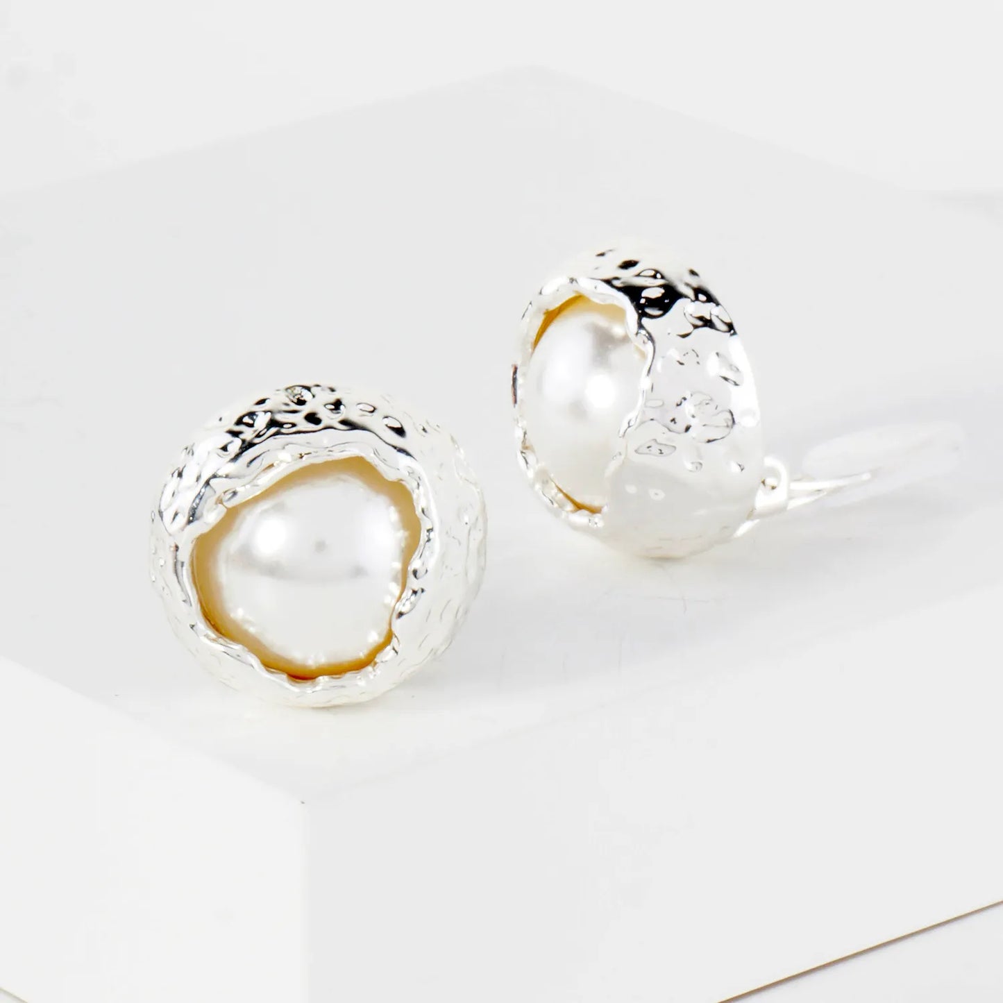 Textured Metal Framed Pearl Clip-On Earrings