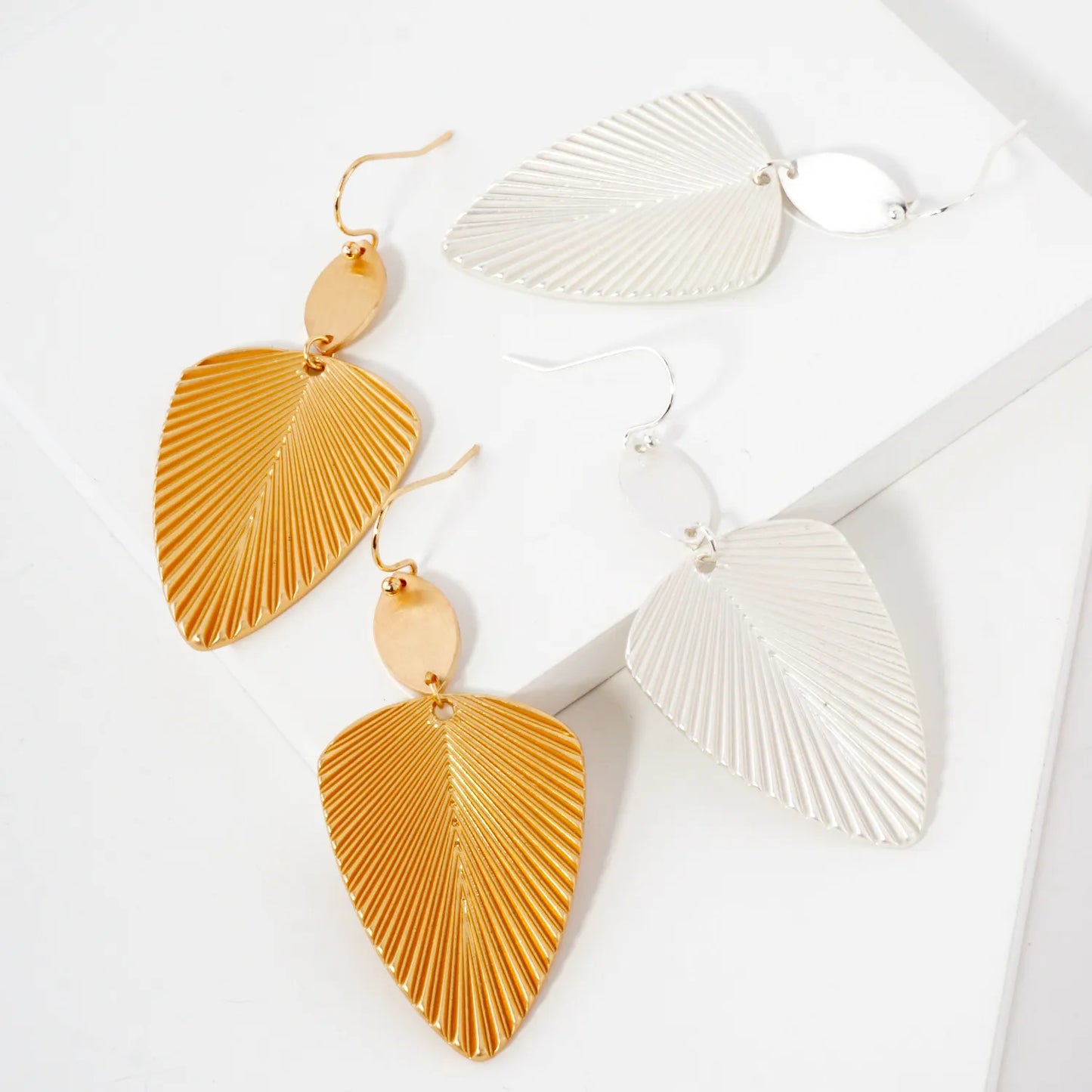 Textured Metal Marquise Leaf Drop Dangle Earrings
