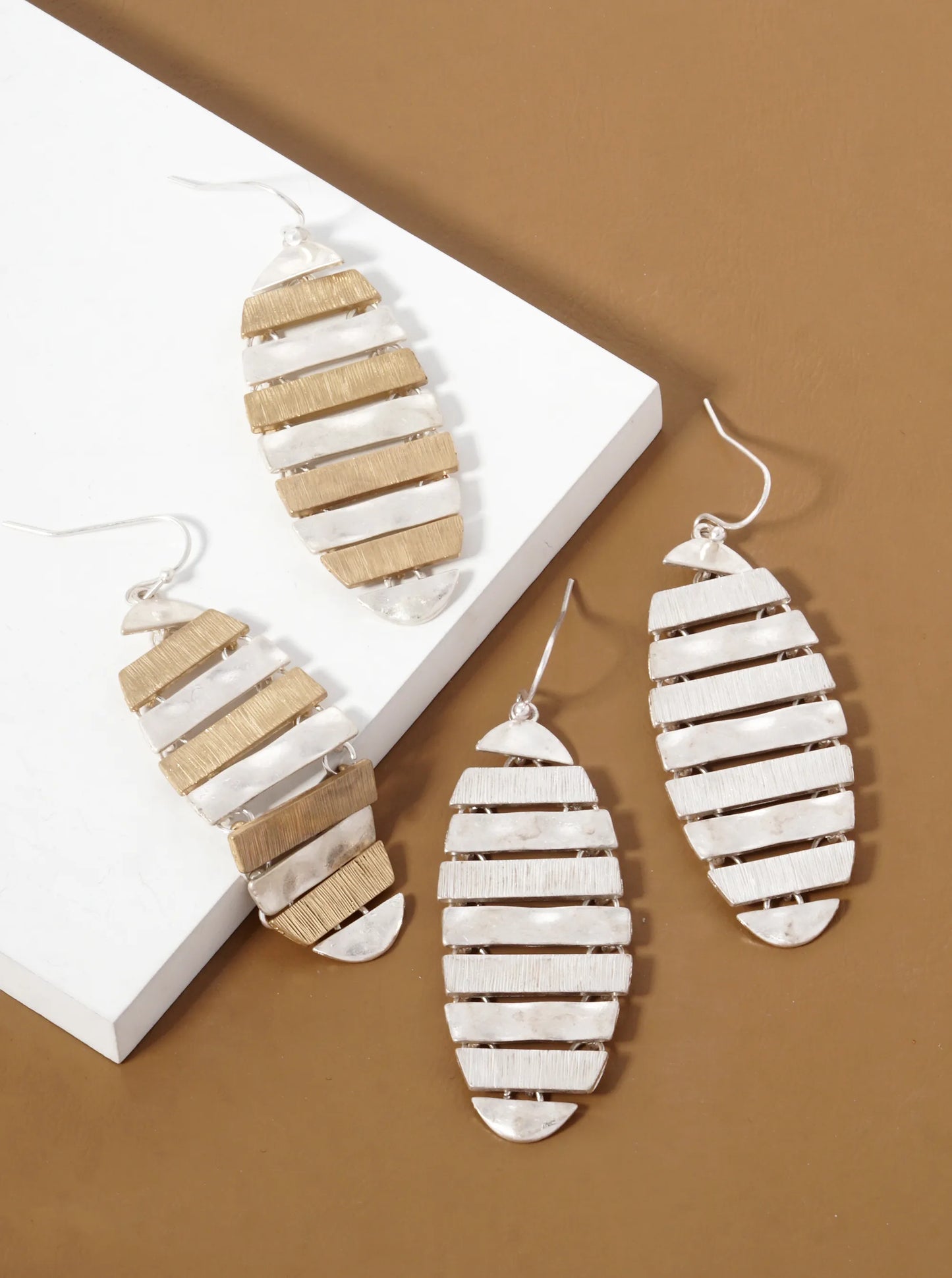 Textured Metal Oval Shape Dangle Drop Earrings