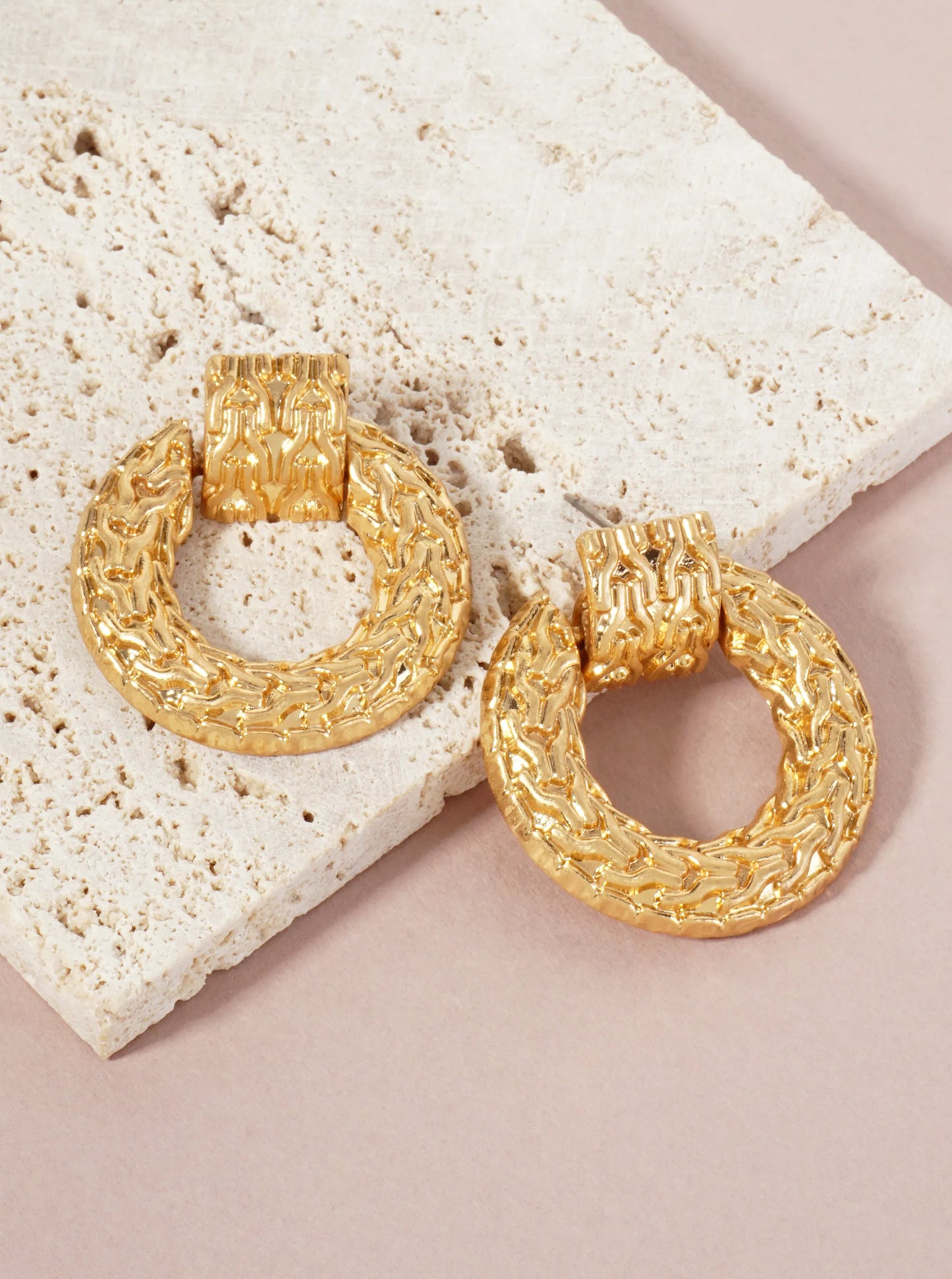 Textured Metal Round Doorknocker Design Earrings With-Titanium-Post