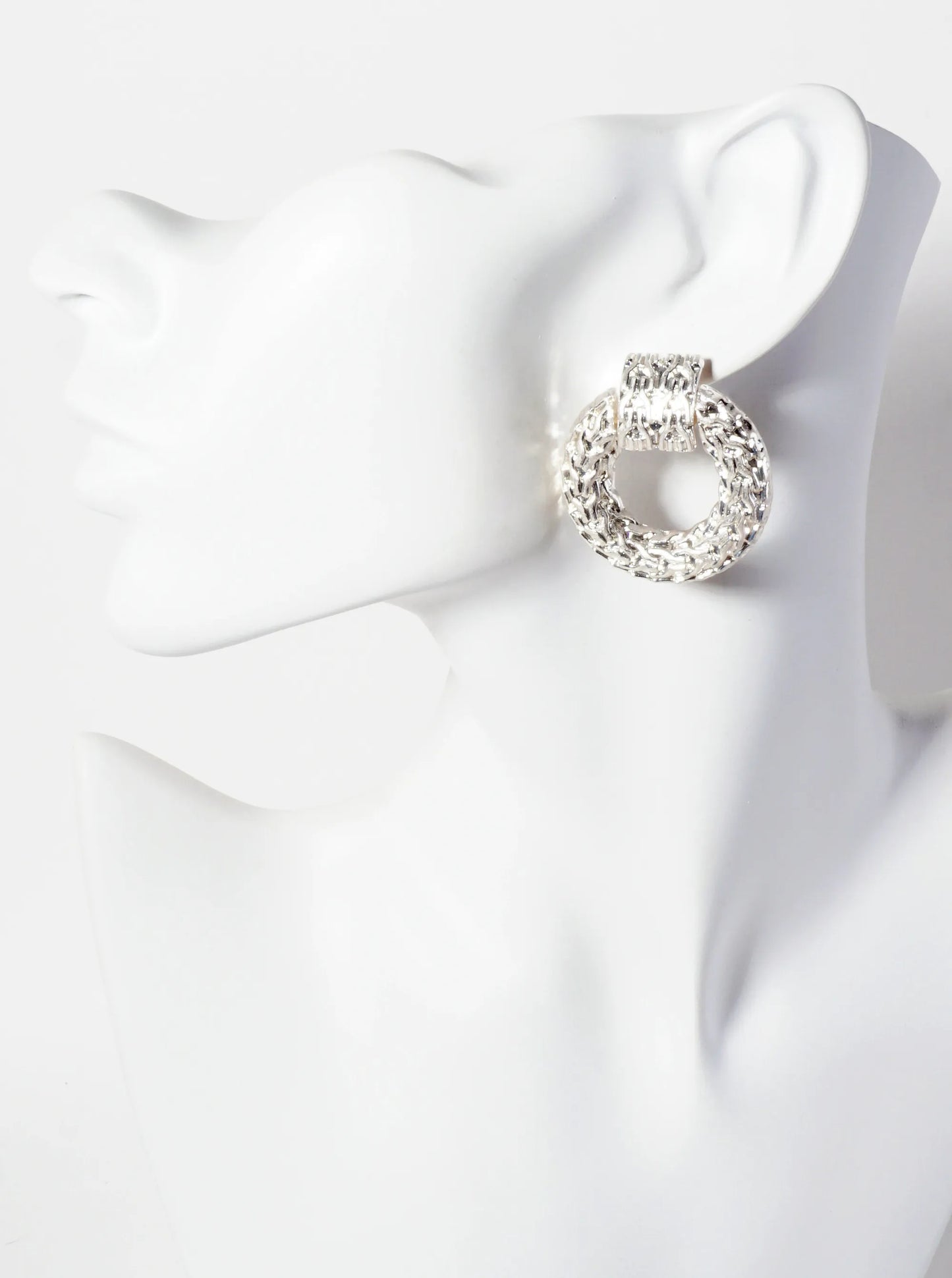 Textured Metal Round Doorknocker Design Earrings With-Titanium-Post