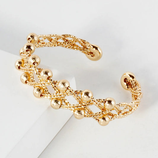 Textured Metal Spheres Interwoven Open Cuff Bracelet