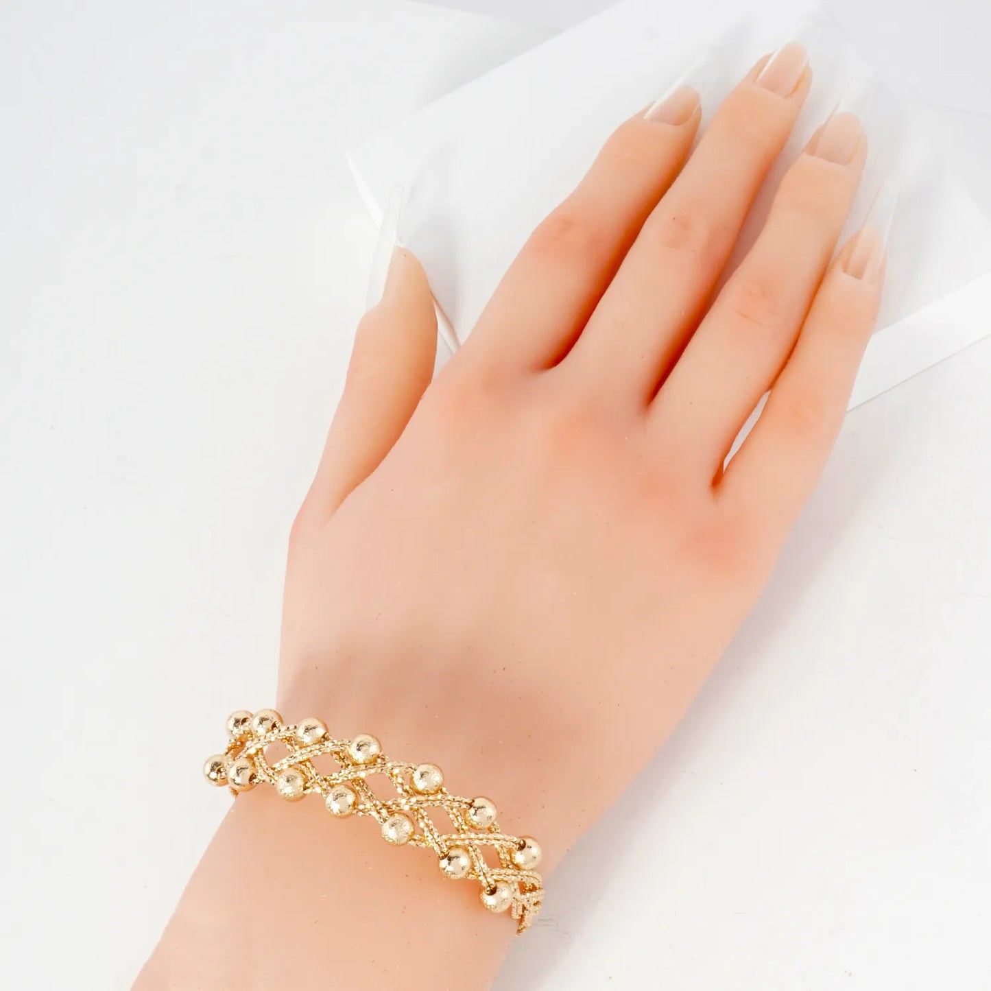 Textured Metal Spheres Interwoven Open Cuff Bracelet