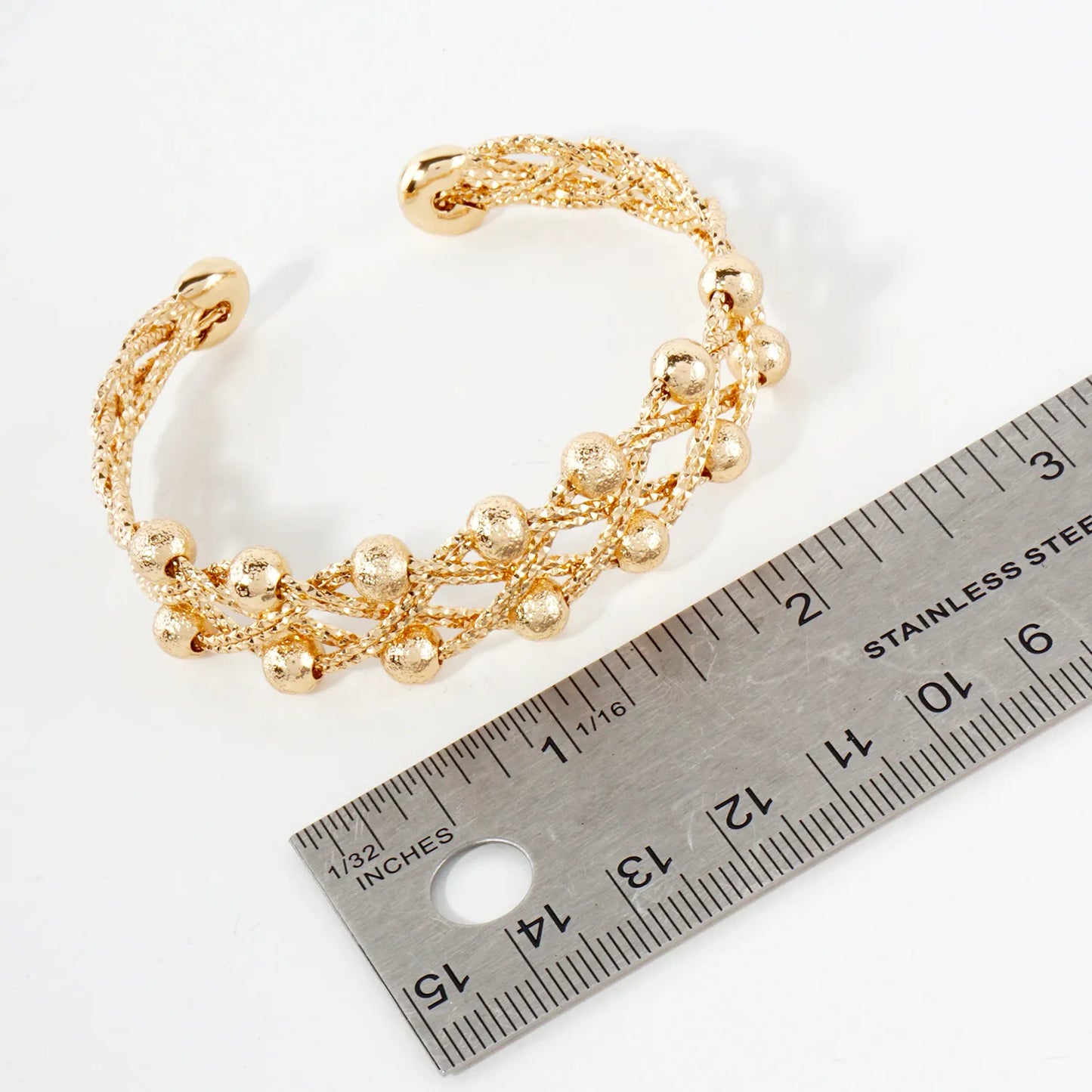 Textured Metal Spheres Interwoven Open Cuff Bracelet
