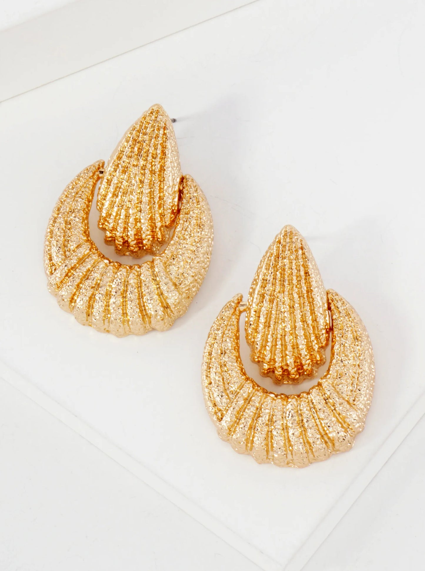 Textured Metal Teardrop Doorknocker Design Earrings With-Titanium-Post