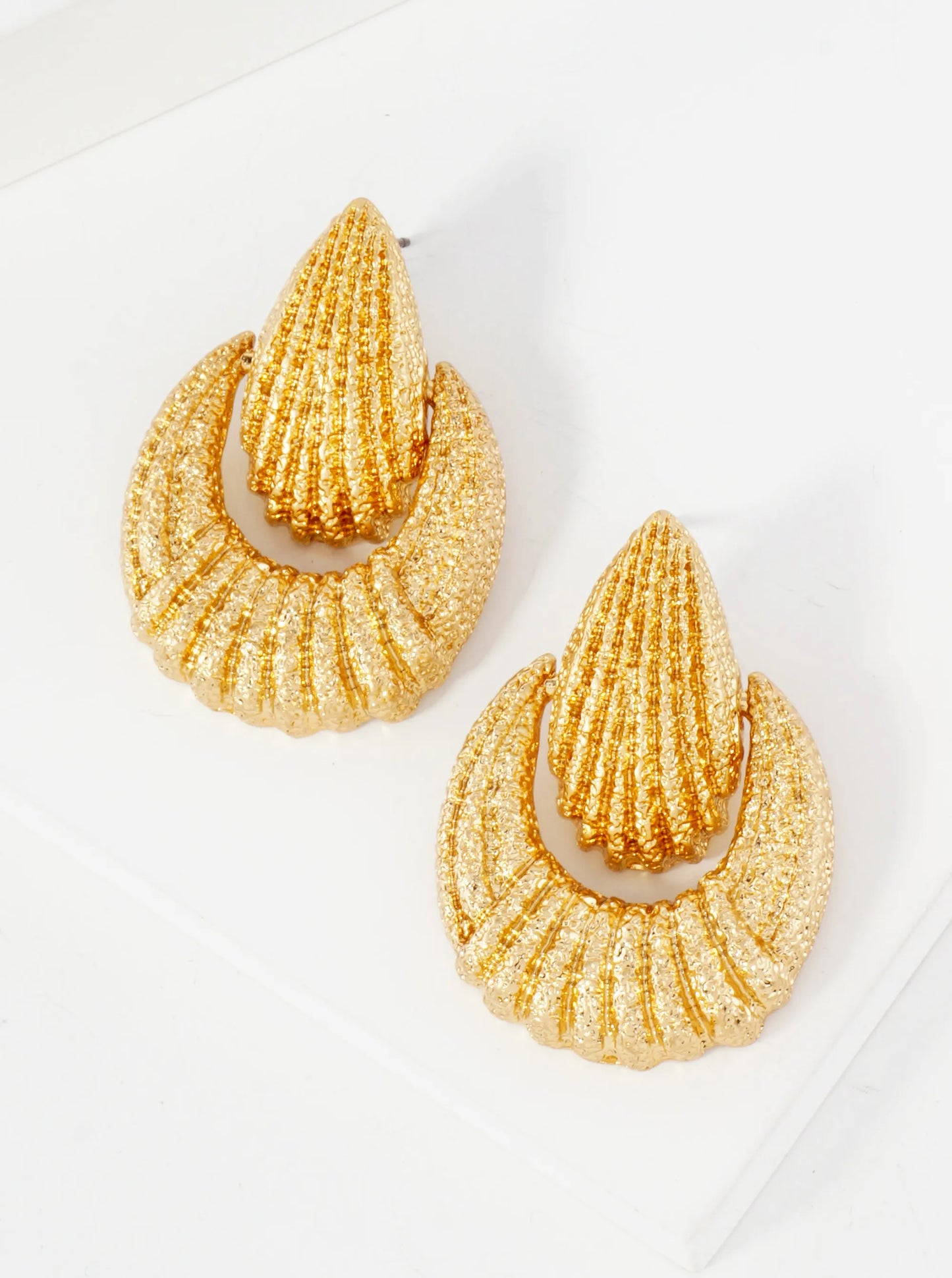 Textured Metal Teardrop Doorknocker Design Earrings With-Titanium-Post