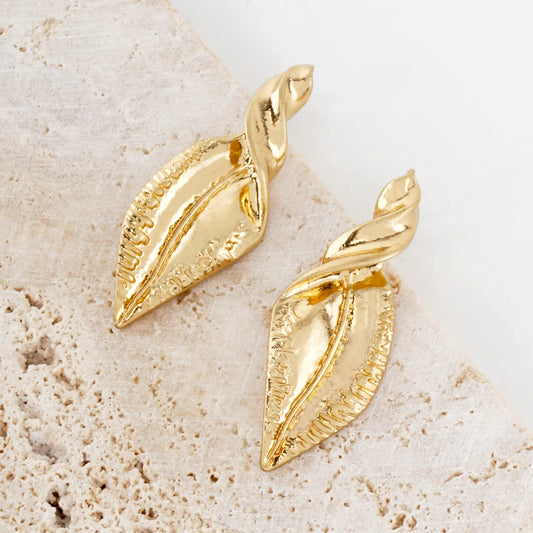 Textured Metal Twisted Leaves Drop Earrings With-Titanium-Post