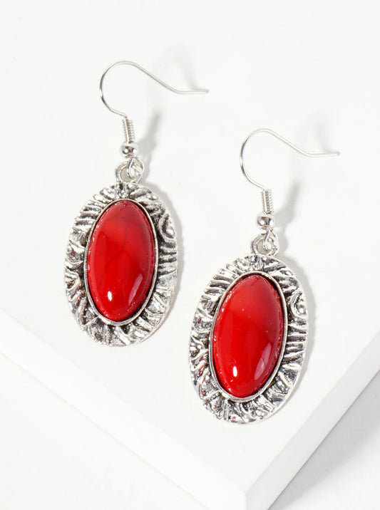 Textured Oval-Shaped Semi-Precious Natural-Stone Dangle Drop Earrings