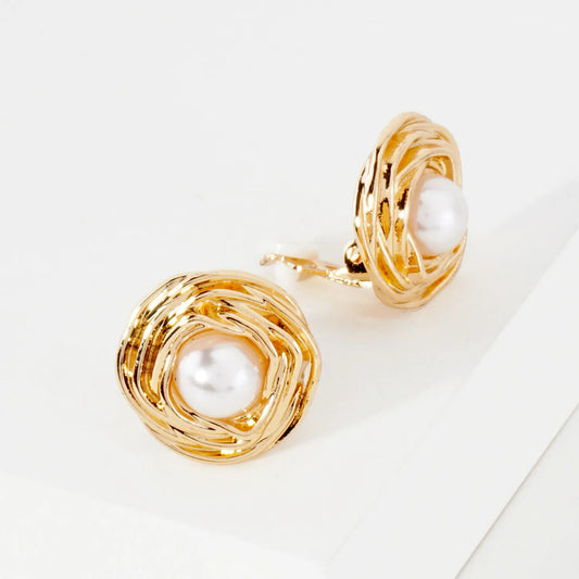 Textured Polished Metal Round Pearl Clip-On Earrings
